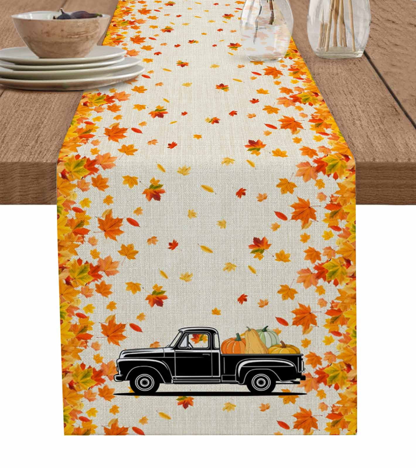 Thanksgiving Table Runner Black Truck Orange Maple Leaves Rustic ...