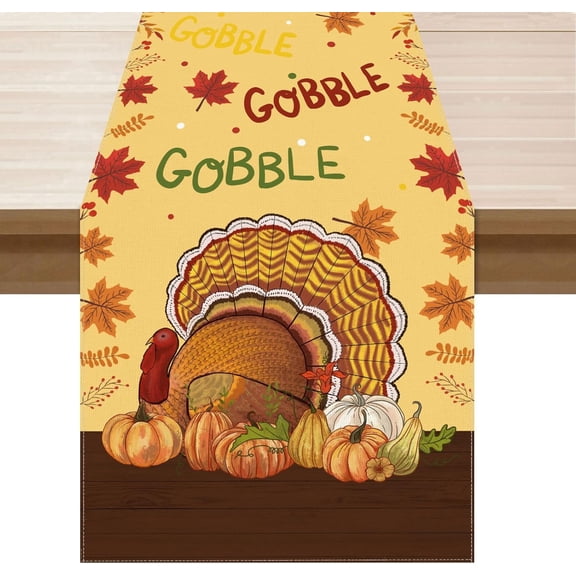 Thanksgiving Table Runner Cloth Burlap Turkey Maple Leaf Fall Table Decoration for Home Kitchen Dining Dinner Indoor Holiday Farmhouse Decor 13.8x90 Inch