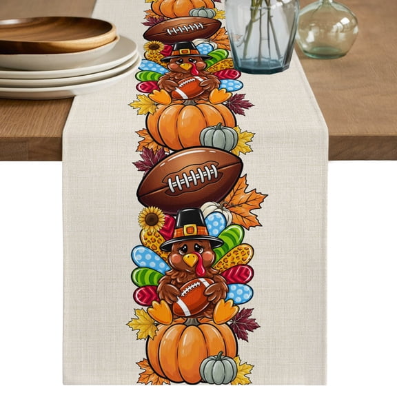 Thanksgiving Table Runner, Cute Turkey Sports Festival Football Fall Pumpkin Cotton Linen Table Cloth, Tablerunner for Kitchen Dining Party Wedding Home Decor 13x36 Inch