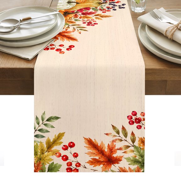 Thanksgiving Table Runner, Fal Pumpkin Maple Leaves Red Berries Amber Background Washable Kitchen Table Runners Dress Scarves for Dining Table Decorations Party/Restaurant/Indoor Outdoor Use, 14x72in