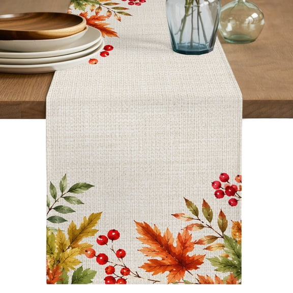 Thanksgiving Table Runner, Fal Pumpkin Maple Leaves Red Berries Linen Texture Cotton Linen Table Cloth, Tablerunner for Kitchen Dining Party Wedding Home Decor 14x72 Inch