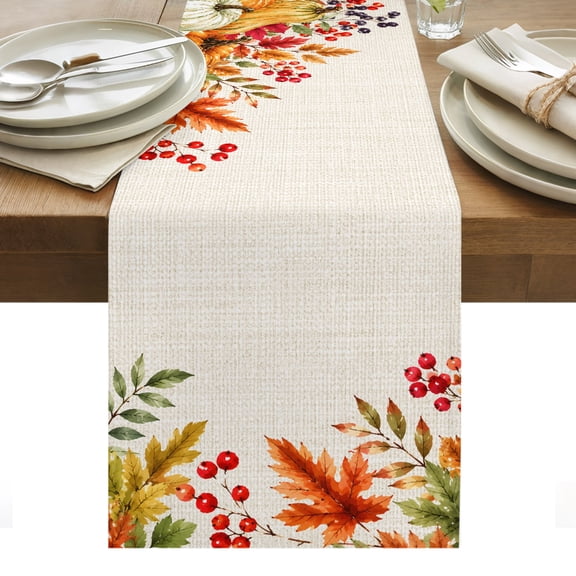 Thanksgiving Table Runner, Fal Pumpkin Maple Leaves Red Berries Linen Texture Washable Kitchen Table Runners Dress Scarves for Dining Table Decorations Party/Restaurant/Indoor Outdoor Use, 14x72in