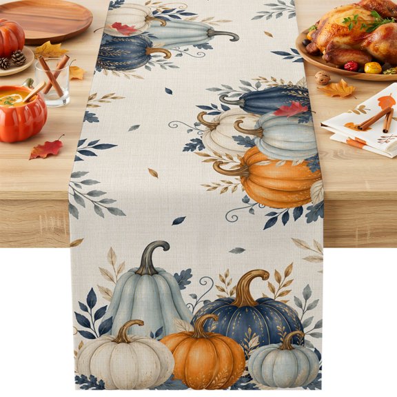 Thanksgiving Table Runner, Fall Deep Navy White Blue Pumpkin Leaf Linen Texture Cotton Linen Kitchen Table Decoration Washable Dining Tabletop Runners for Home Party Decor 13x48 Inches