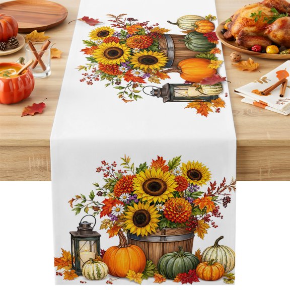 Thanksgiving Table Runner, Fall Farmhouse Harvest Pumpkin Sunflower Maple Leaf Cotton Linen Kitchen Table Decoration Washable Dining Tabletop Runners for Home Party Decor 13x60 Inches