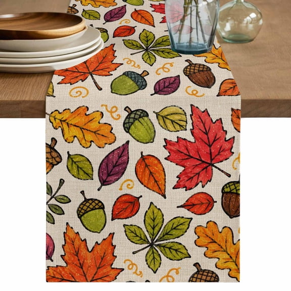 Thanksgiving Table Runner, Fall Harvest Maple Leaves Twigs Shabby Chic Linen Texture Cotton Linen Table Cloth, Tablerunner for Kitchen Dining Party Wedding Home Decor 13x48 Inch