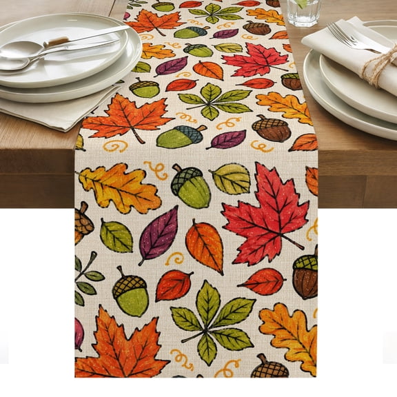 Thanksgiving Table Runner, Fall Harvest Maple Leaves Twigs Shabby Chic Linen Texture Washable Kitchen Table Runners for Dining Table Decorations Party/Restaurant/Indoor Outdoor Use, 13x36in