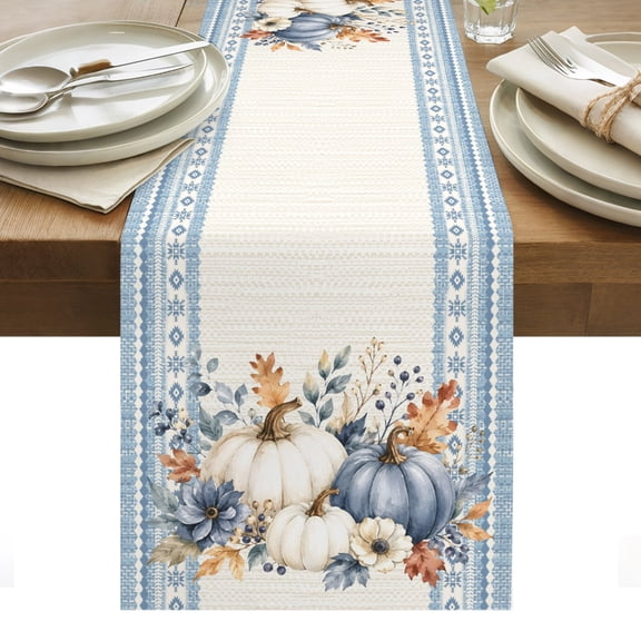 Thanksgiving Table Runner, Fall Harvest Pumpkins Flower Leaf Berry Blue Stripe Washable Kitchen Table Runners Dress Scarves for Dining Table Decorations Party/Restaurant/Indoor Outdoor Use, 13x72in