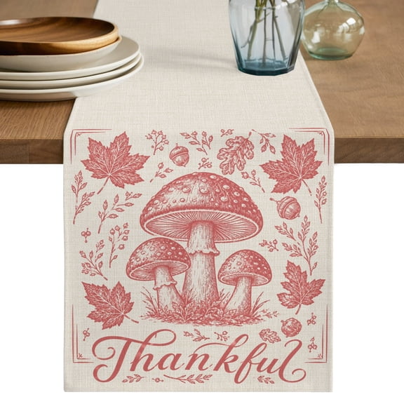 Thanksgiving Table Runner, Fall Toile Red Mushroom Oak Leaf Linen Texture Cotton Linen Table Cloth, Tablerunner for Kitchen Dining Party Wedding Home Decor 13x36 Inch