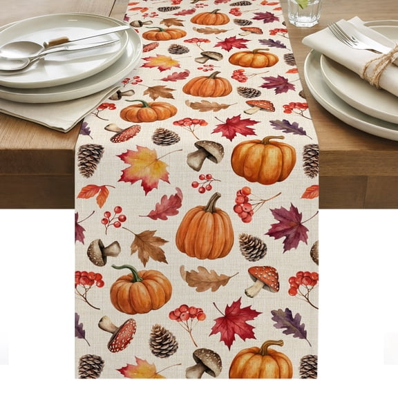Thanksgiving Table Runner, Fall Vintage Rustic Pumpkin Maple Leaf Mushroom Pinecone Washable Kitchen Table Runners for Dining Table Decorations Party/Restaurant/Indoor Outdoor Use, 13x36in