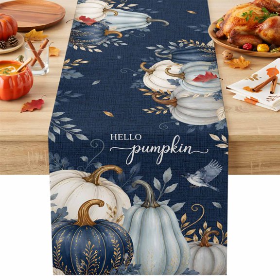 Thanksgiving Table Runner, Fall White Blue Pumpkin Gold Leaf Rustic Deep Navy Cotton Linen Kitchen Table Decoration Washable Dining Tabletop Runners for Home Party Decor 13x48 Inches