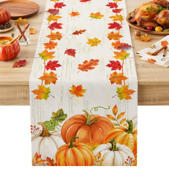 Thanksgiving Table Runner, Fall White Orange Pumpkins Leaves Foliage Border Decorative Table Runner for Kitchen, Dining‑Room, Banquet and Holiday Party, 13x36 Inch