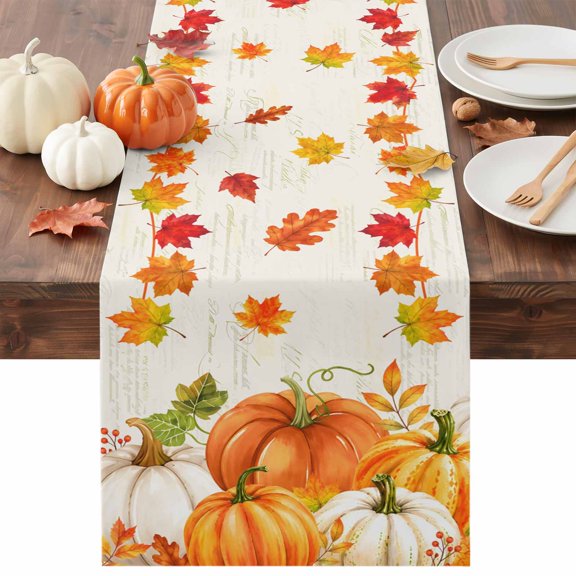 Thanksgiving Table Runner, Fall White Orange Pumpkins Leaves Foliage Border Washable Cotton-linen Table Runners Dining Kitchen Decoration for Everyday Home Wedding Party Decor, 13 x 36 Inch