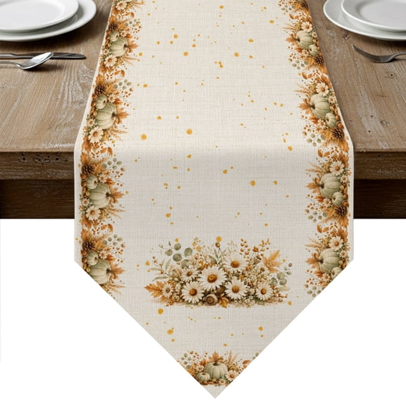 Thanksgiving Table Runner Linen Burlap Table Runner 120 Inches Long Fall Farmhouse White Pumpkin Flowers Dresser Scarves for Kitchen Island Coffee Dining Room Party Wedding Holiday 13"x120"