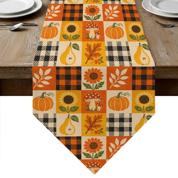 Thanksgiving Table Runner Linen Burlap Table Runner 72 Inches Long Fall Farmhouse Pumpkin Maple Leaf Patchwork Dresser Scarves for Kitchen Island Coffee Dining Room Party Holiday Decoration 13"x72"