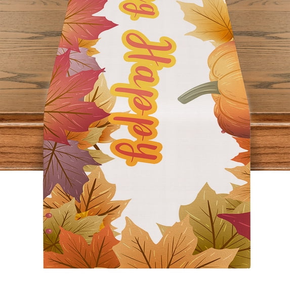 Thanksgiving Table Runner, Maple Pumpkin Autumn Leaf Table Throw Tablecloth, For Kitchen Dining Living Room Show Wedding Party Decor