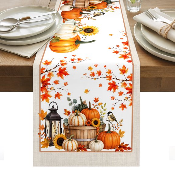 Thanksgiving Table Runner, Red Falling Leaves Pumpkin Harvest Cozy Autumn Washable Kitchen Table Runners Dress Scarves for Dining Table Decorations Party/Restaurant/Indoor Outdoor Use, 13x36in