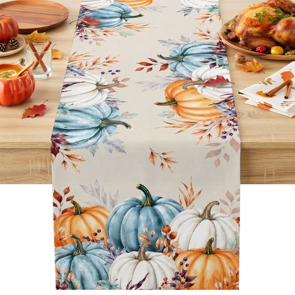 Thanksgiving Table Runner, White Orange Blue Pumpkin Eucalyptus Leaf Linen Texture Washable Kitchen Table Runners Dress Scarves for Dining Table Decorations Party/Restaurant/Indoor Outdoor, 13x36in