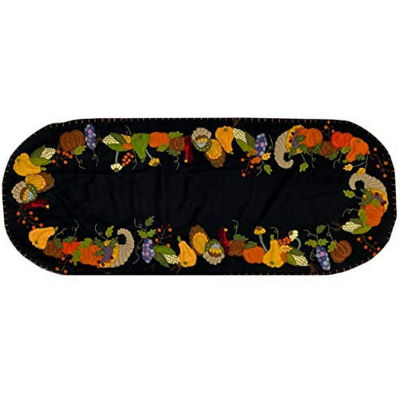 Thanksgiving Table Runner - Wool Embellished Hand Embroidered Cornucopia, Pumpkins and Turkeys Fall Autumn