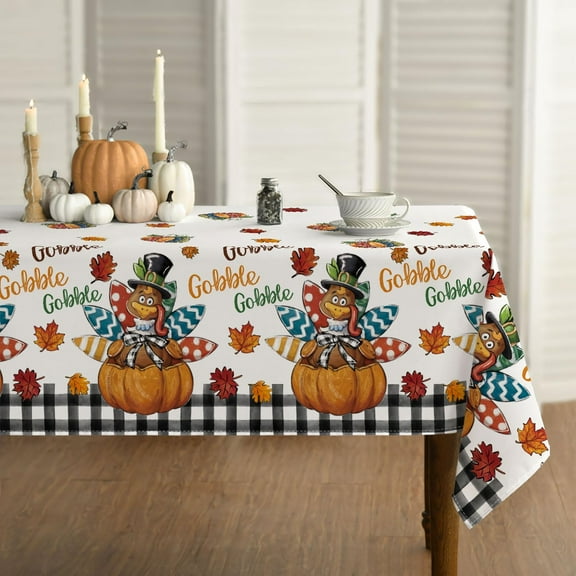 Thanksgiving Tablecloth 60×84 Inch Oval, Turkey Leaves Gobble Washable Table Cover for Party Picnic Dinner Decor