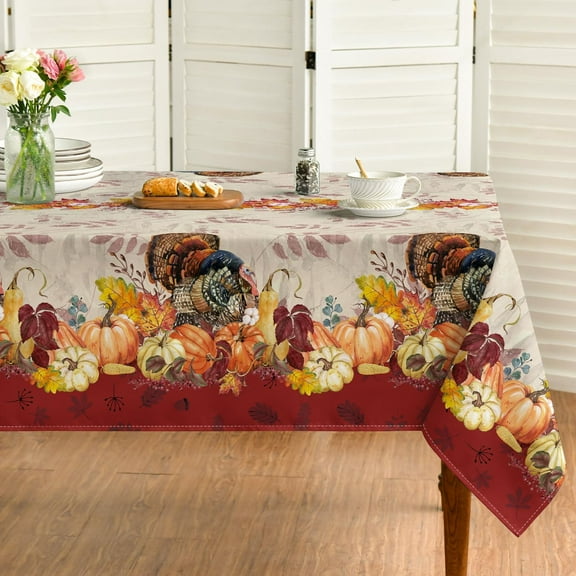 Thanksgiving Tablecloth 60×84 Inch Rectangular, Turkey Pumpkin Autumn Fall Harvest Vintage Washable Table Cover for Party Picnic Dinner Decor