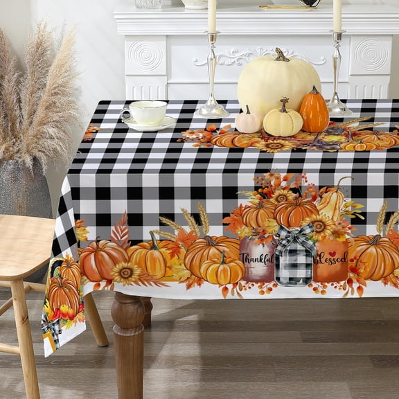 Thanksgiving Tablecloth 60x84 Inch Rectangle - Thanksgiving Party Decorations - Water Resistant Buffalo Plaid Thankful and Blessed Table Cloth Rectangle for Home, Indoor Decor