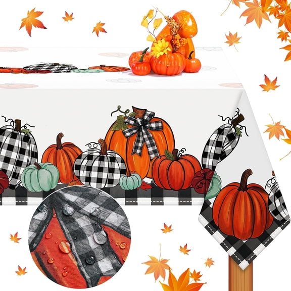Thanksgiving Tablecloth Fabric Autumn Buffalo Check Pumpkin Table Cover Waterproof Plaid Pumpkin Tablecloth Thanksgiving Table Decor Farm Table Cover for Autumn Harvest Dinner 60 x 84 Inch