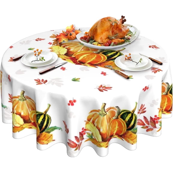 Thanksgiving Tablecloth Fall Leaf Pumpkin Tablecloth Washable Reused Round Tablecloth 60 Inch Holiday Party Dining Kitchen Table Decor