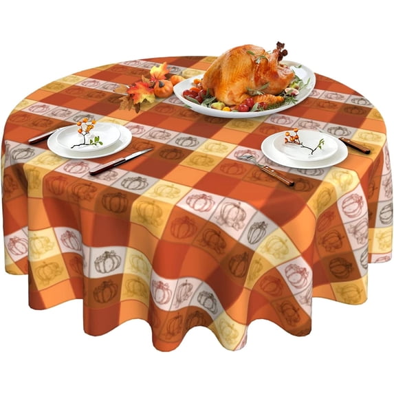 Thanksgiving Tablecloth, Fall Pumpkin Round Tablecloth 60 Inch, Autumn Orange Buffalo Plaid Table Cloth for Rustic Farmhouse Kitchen Decor, Outdoor Holiday Party Wipeable Polyester Fabric Table Cover