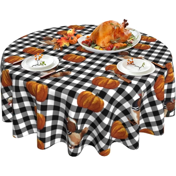 Thanksgiving Tablecloth, Fall Pumpkin Round Tablecloth 70 Inch, Black White Buffalo Plaid Table Cloth for Rustic Farmhouse Kitchen Decor, Autumn Holiday Outdoor Wipeable Polyester Fabric Table Cover