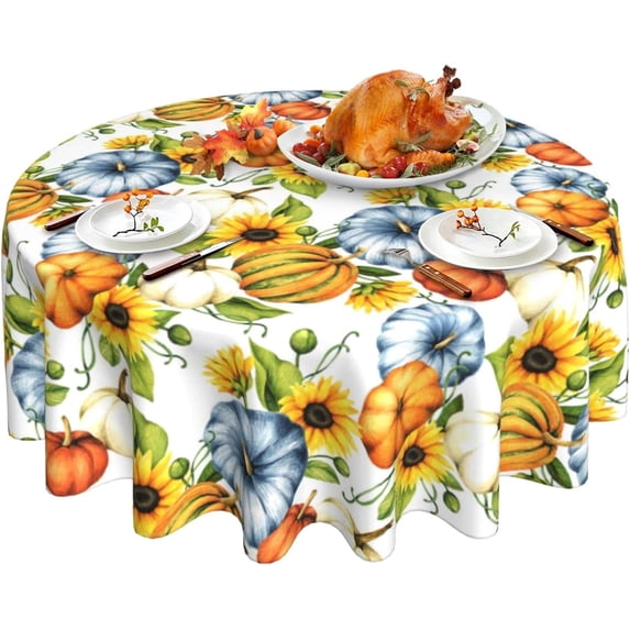 Thanksgiving Tablecloth, Fall Pumpkin Sunflower Round Tablecloth 60 Inch, Autumn Table Cloth for Rustic Farmhouse Kitchen Decor, Wipeable Polyester Fabric Table Cover for Holiday Outdoor Party