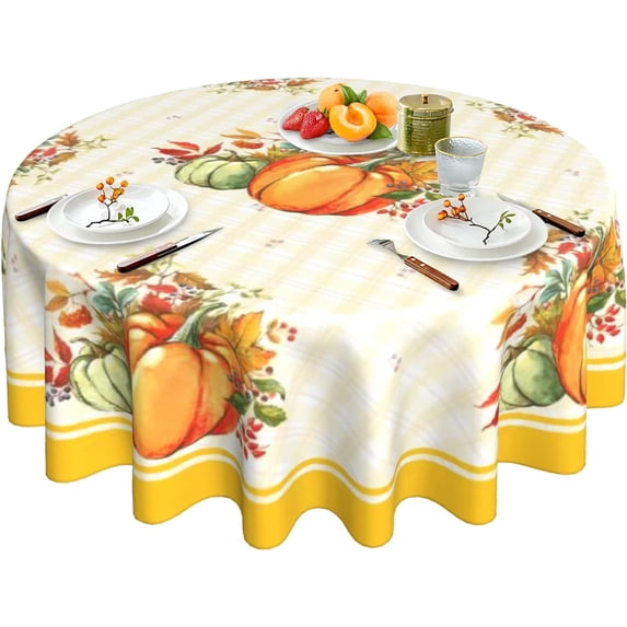 Thanksgiving Tablecloth Fall Pumpkin Tablecloth Round 60 Inch Washable Reusable Autumn Leaf Table Cloth for Home Parties Dinner Picnic Dining Kitchen Decor
