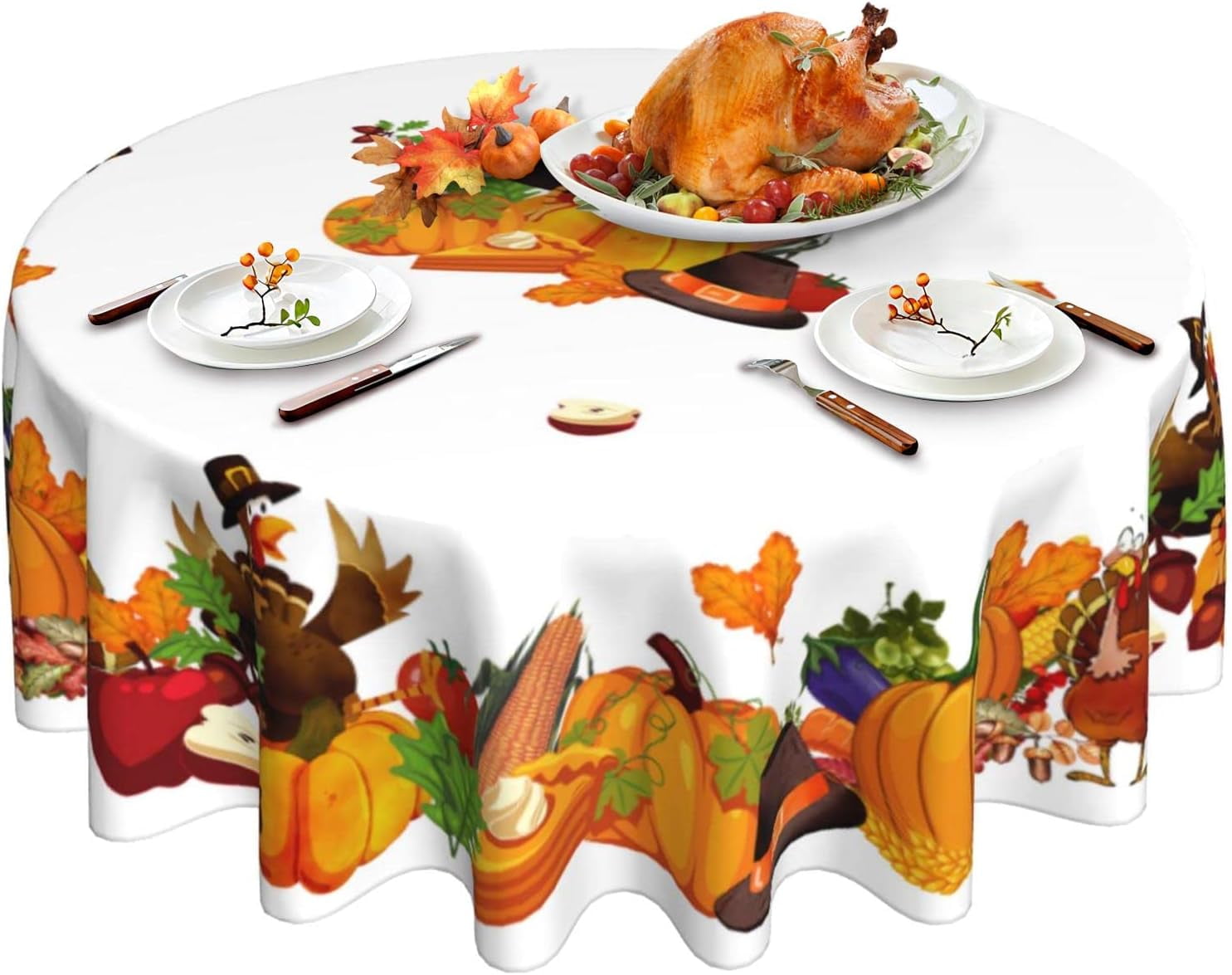 Thanksgiving Tablecloth, Fall Pumpkin Turkey Round Tablecloth 60 Inch ...