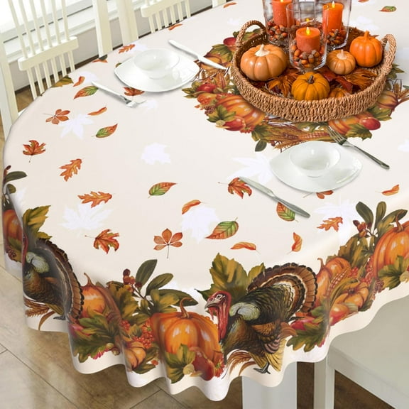 Thanksgiving Tablecloth Fall Pumpkin Turkey Table Cloth forHarvest Thanksgiving Kitchen Decoration - 60" X 120" Oval