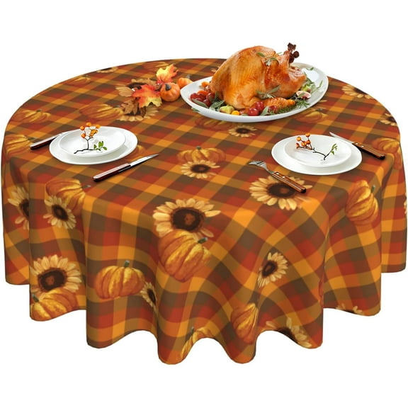 Thanksgiving Tablecloth, Fall Sunflower Pumpkin Round Tablecloth 60 Inch, Orange Buffalo Plaid Table Cloth for Rustic Farmhouse Kitchen Decor, Wipeable Polyester Fabric Table Cover for Holiday Party