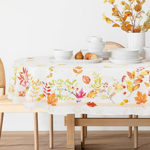 Thanksgiving Tablecloth - Fall Tablecloth with Autumn Leaves Pumpkin Pattern - Oval Shape, Stain-Resistant, Anti-Wrinkle, Washable - 60 x 102 Inch