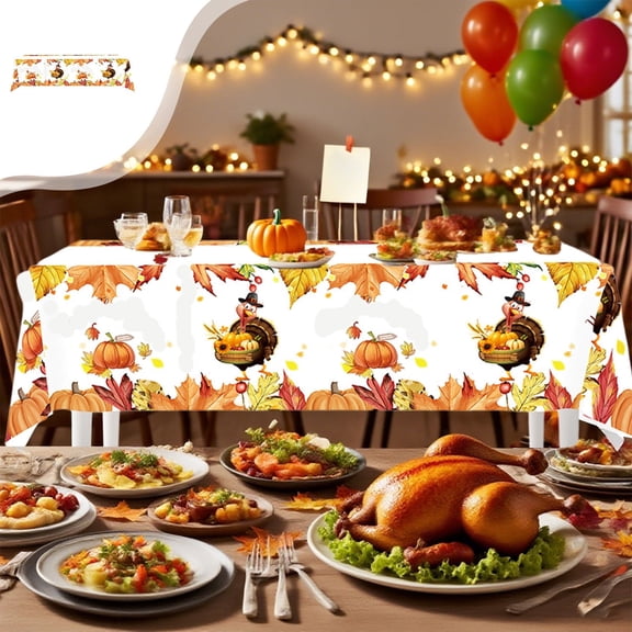 Thanksgiving Tablecloth - Festive Fall Pumpkin & Leaves Pattern, Perfect for Matching Disposable Tableware at Fall Harvests Party, Enhances Thanksgiving Dinner & Family Gathering Table Decor