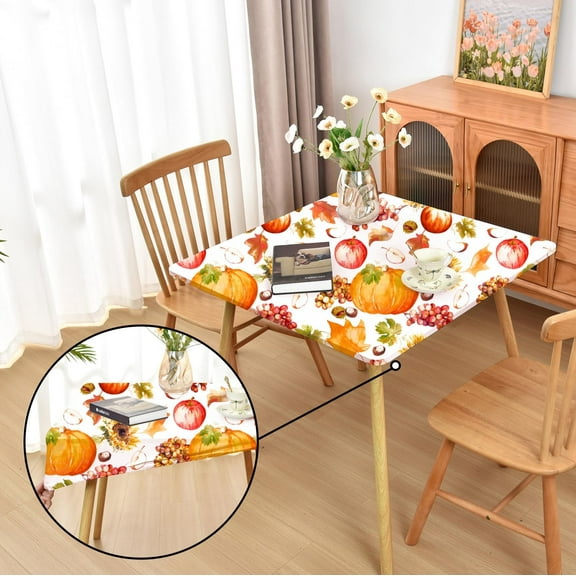 Thanksgiving Tablecloth Fitted Table Cloths with Elastic：Washable Outdoor Spandex Patio Table Cover for Holiday Pumpkin and Fruits 34 x 34 Inch Square