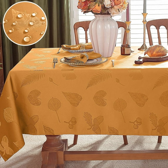 Thanksgiving Tablecloth Jacquard Heavy Duty & Spill Proof Table Cloth with Autumn Leaves, Washable Table Cover for Fall Harvest Holidays 60" x 102" Amber