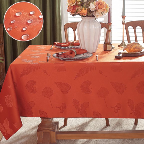 Thanksgiving Tablecloth Jacquard Heavy Duty & Spill Proof Table Cloth with Autumn Leaves, Washable Table Cover for Fall Harvest Holidays Rust