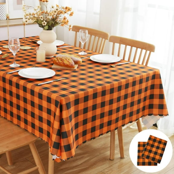 Thanksgiving Tablecloth, Orange Gingham Checkered Buffalo Plaid Table Cover, Rectangle 60x84 Inch, Polyester Waterproof Wrinkle Free, for Fall, Autumn, Party, Picnic, Wedding, Coffee Shop, Home