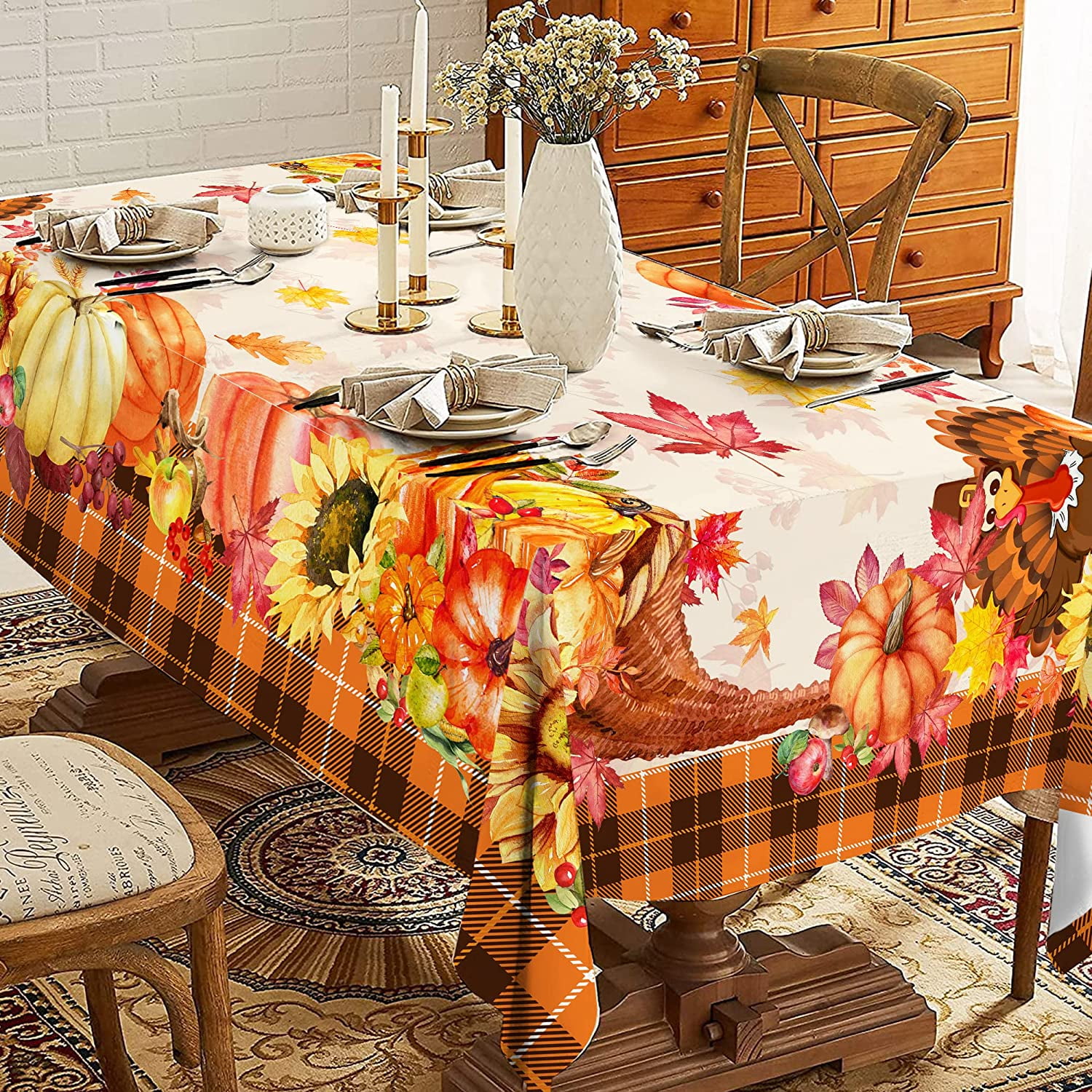 Thanksgiving Tablecloth, Orange Maple Pumpkin Turkey Thanksgiving Table