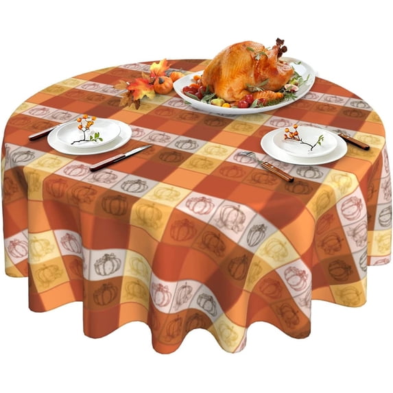 Thanksgiving Tablecloth Orange Pumpkin Plaid Tablecloth Washable Fall Round Tablecloth 60 Inch Reusable Table Cloth for Holiday Party Dinner Dining Table Decor