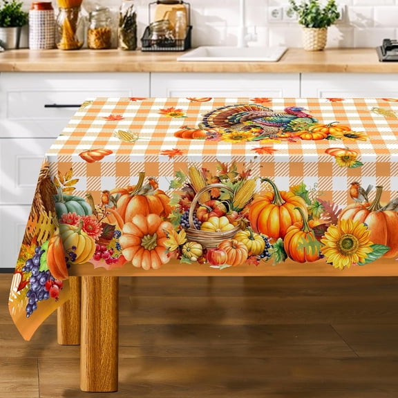 Thanksgiving Tablecloth Rectangle 60 x 104 Inch, Turkey Pumpkins Table Cloth Holiday Indoor Decor for Dining Room Party