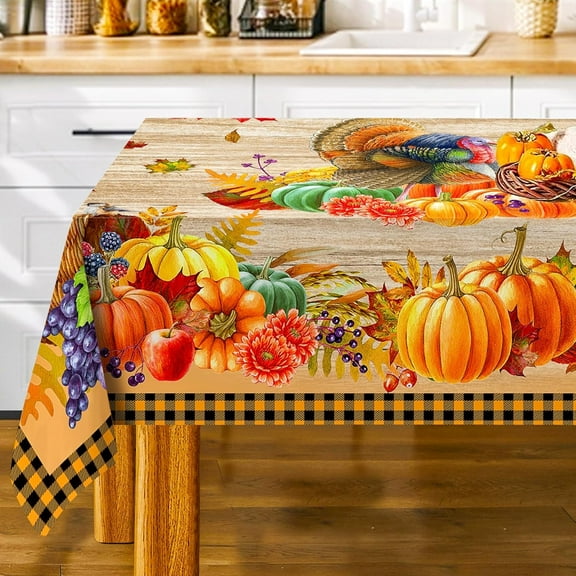 Thanksgiving Tablecloth Rectangle 60 x 84, Turkey Fall Pumpkins Maple Leaves Table Cloth Farmhouse Holiday Table Cover for Dining Room Kitchen Indoor Decor