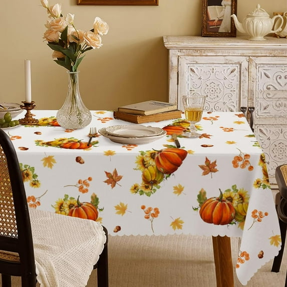 Thanksgiving Tablecloth Rectangle 84x60, Pumpkin Sunflower Table Cloth Fall, Watercolor Table Cover Autumn Harvest Wipeable Table Cloth for Dining, Coffee Table