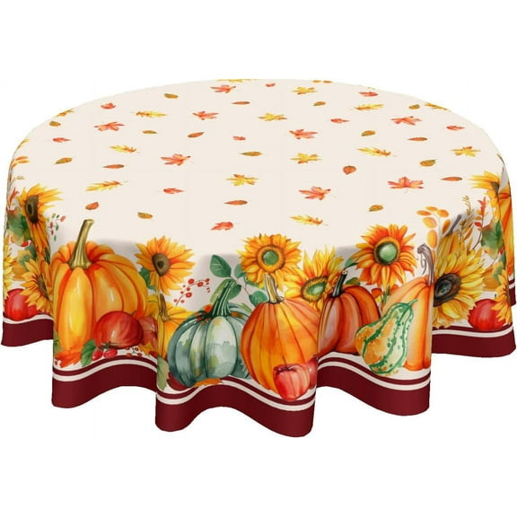 Thanksgiving Tablecloth Round 60 Inch Fall Harvest Pumpkin Table Cloth Sunflower Autumn Maple Leaves Farmhouse Table Cover Decorative for Home Kitchen Dining Outdoor Party Picnic Home Decor