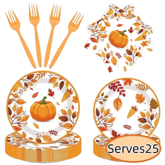 Fall Paper Plates Disposable Dinnerware Tableware Set for Thanksgiving Harvest Festival Party Supplies Serves 25(Orange Pumpkin)