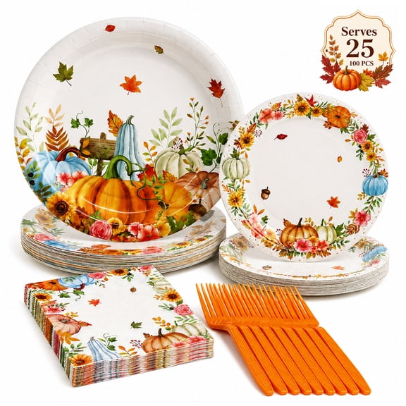 Kabuer Fall Tableware Set Disposable Dinnerware with Plates, Napkins, Forks for Thanksgiving Fall Party Supplies Serves 25(White Pumpkin)