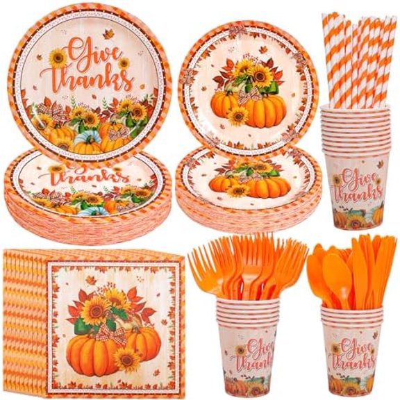 Thanksgiving Tableware Set,Give Thanks Party Supplies Dinnerware Set-Paper Plates,Cup,Napkins,Knife,Fork and Straw,Pumpkin Sunflower Fall Dinnerware for 20 Guests