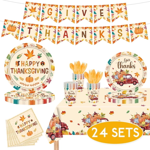 Thanksgiving Tableware Set Maple Leaf Pumpkin Disposable Napkins Tablecloth Banner Dinnerware Set for Thanksgiving Party Supplies Serves 24